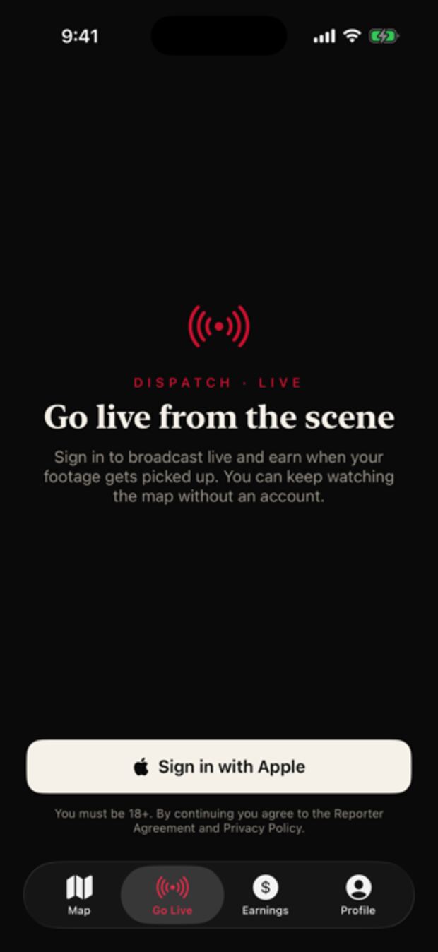 Dispatch Live showing its go live screen