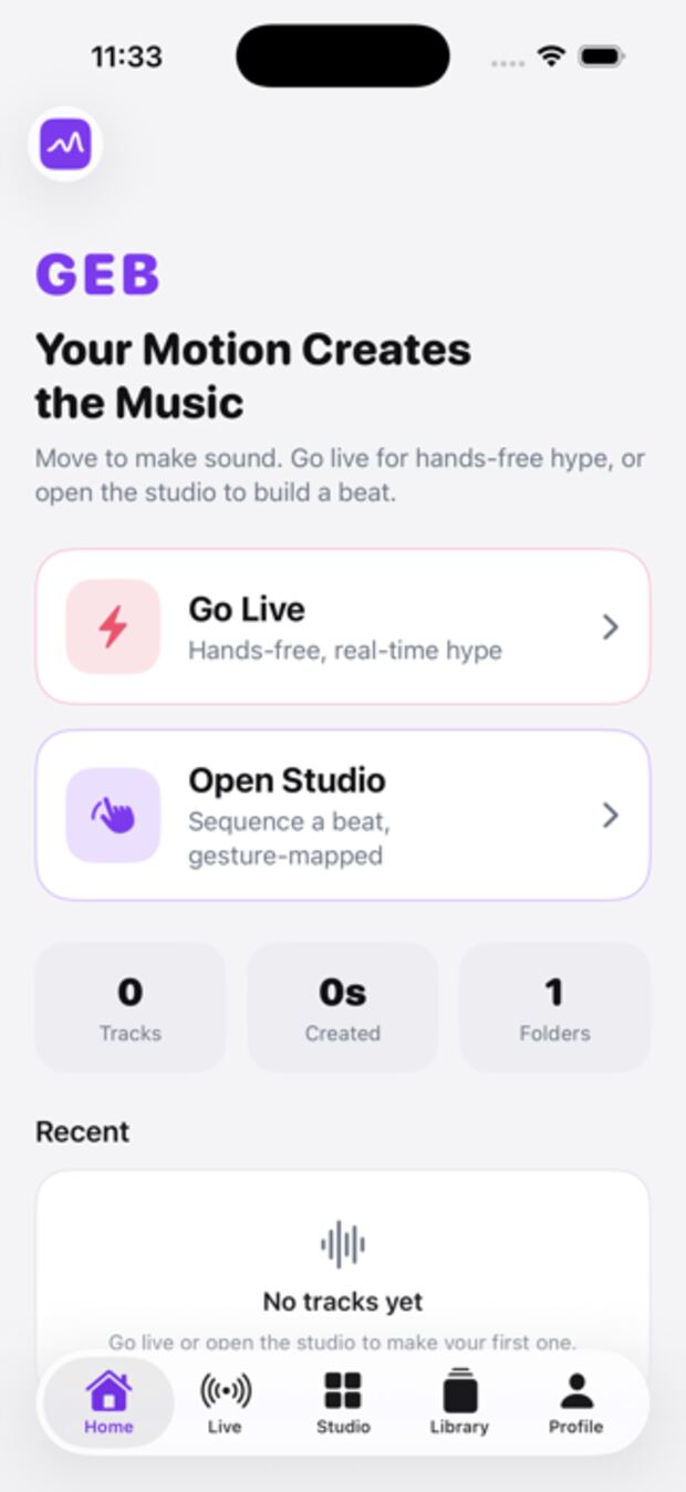 GEB showing its home screen
