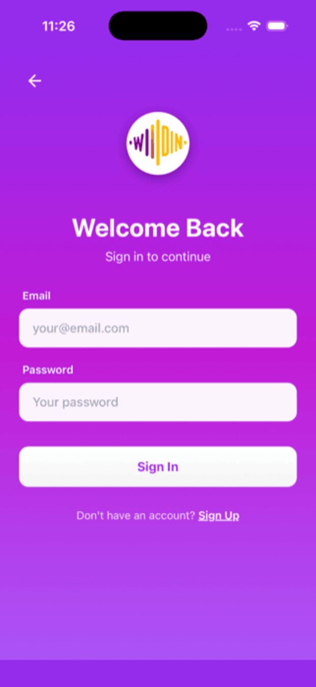 WILDIN showing its sign in screen